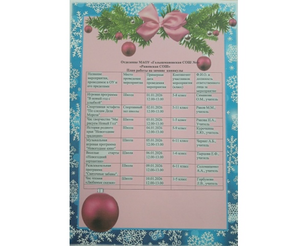 План мероприятий на каникулы